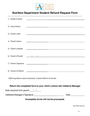 Fillable Online Nutrition Department Student Refund Request Form Fax ...