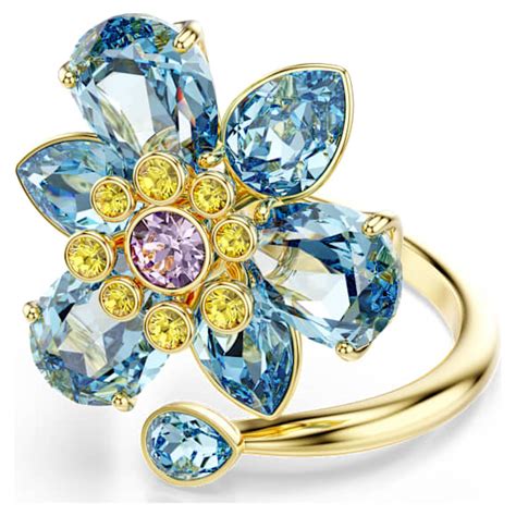 Idyllia open ring, Mixed cuts, Flower, Blue, Gold-tone plated | Swarovski