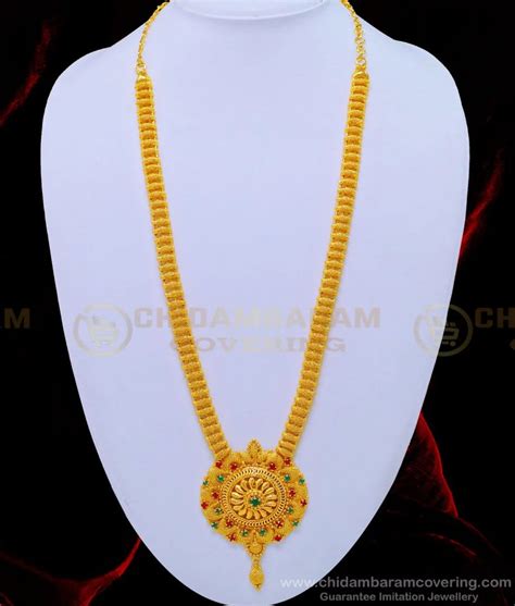 Buy Gold Plated Long Haram Design Net Pattern Ruby Emerald Stone Haram ...