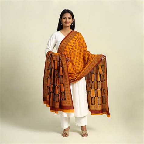 Orange Natural Dye Mul Cotton Bagh Print Dupatta