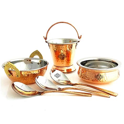 Buy INDIAN ART VILLA Steel Copper Serving Set - Kadhai, Handi, Bucket ...