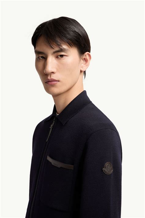 Navy Blue Leather Logo Wool Zip-Up Cardigan - Sweaters & Cardigans for ...