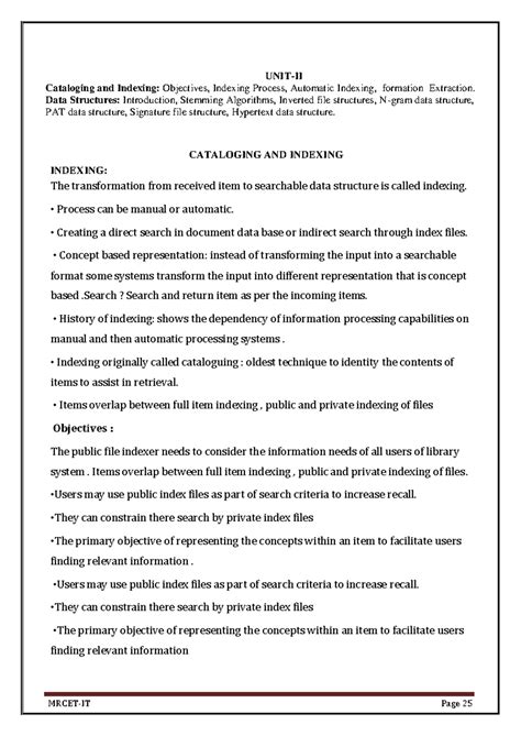 Unit 2 - IRS: Cataloging, Indexing & Data Structures Overview - Studocu
