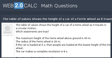 View question - The table of values shows the height of a car of a ...