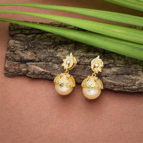 CZ Traditional Gold Plated White Jhumka Earrings – VOYLLA