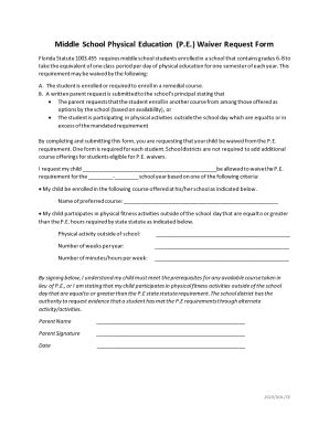 Fillable Online Middle School Physical Education Waiver Form Fax Email ...