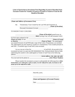 Letter of Instruction to Investment Firm for Decedent's Account ...