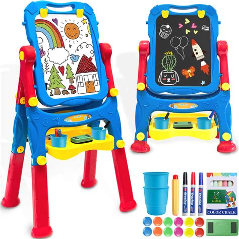Buy Easel for Kids, Double Sided Dry Erase Board and Chalkboard, Height ...