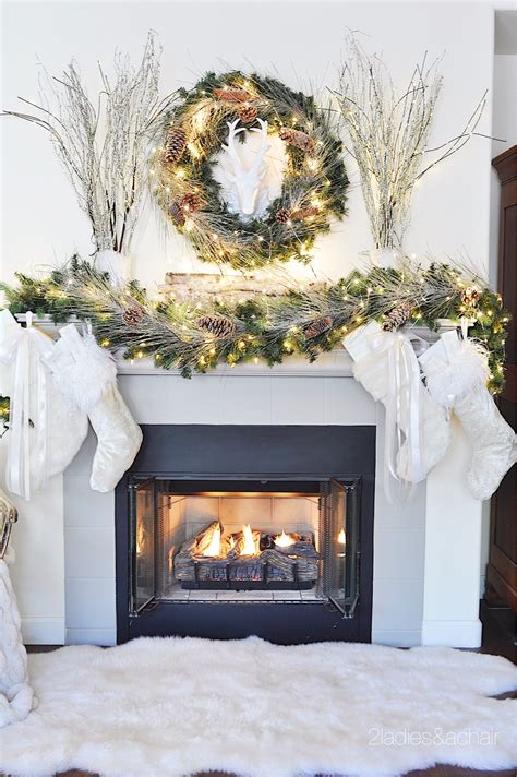 A simple light, bright, and white Christmas mantle. Rustic birch logs ...