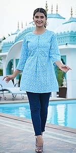 Yash Gallery Women's Cotton Slub Ikat Printed Flared Regular Fit Kurta ...