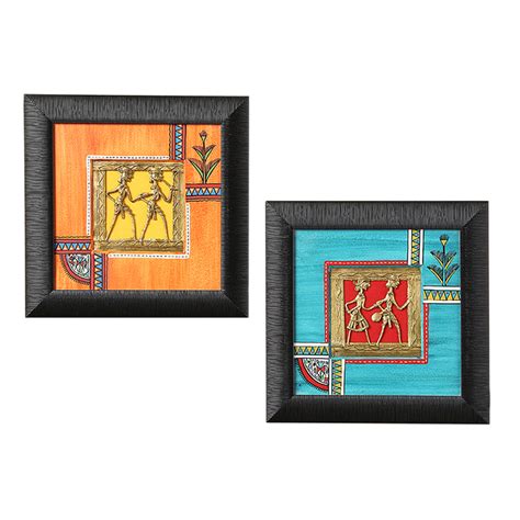 Sunset Orange & Ocean Blue Handpainted Warli & Dhokra Square Wall Pain ...
