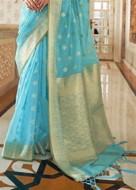 Arctic Blue Zari Woven Linen Silk Saree - Clothsvilla