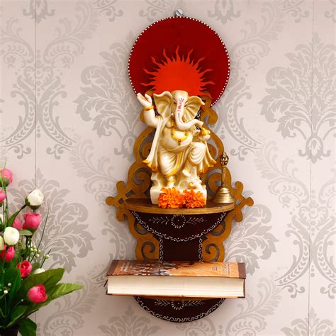 Brown & Red MDF Pooja Temple/Mandir with Additional Shelf - eCraftIndia ...