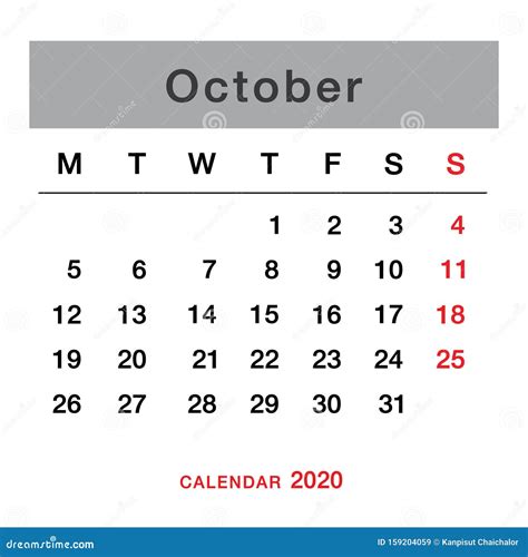 2020年10月规划日历 2020年10月 周从星期一开始 库存例证 - 插画 包括有 可以, 钞票: 159204059