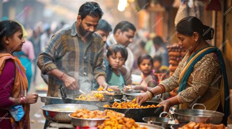 Indian parents and children enjoying street food at a bustling market ...