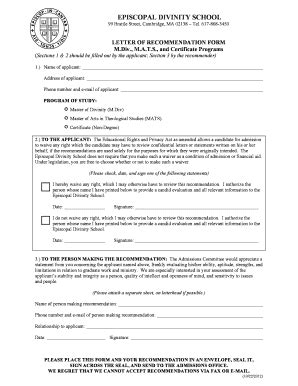 Fillable Online LETTER OF RECOMMENDATION FORM MDiv MATS and Fax Email ...
