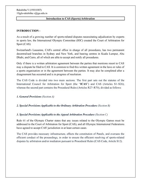 Handout - Introduction to CAS (Sports) Arbitration - 19jgls-rakshitha ...