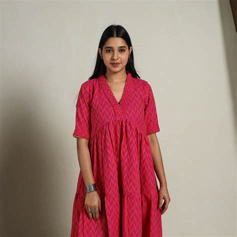 Tiered Fit & Flare Cotton Pink Jacquard Dress