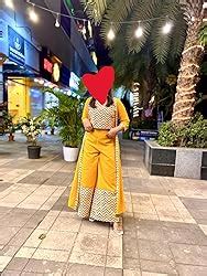 Janasya Women's Yellow Poly Crepe Chevron/Zig Zag Crop Top with Palazzo ...