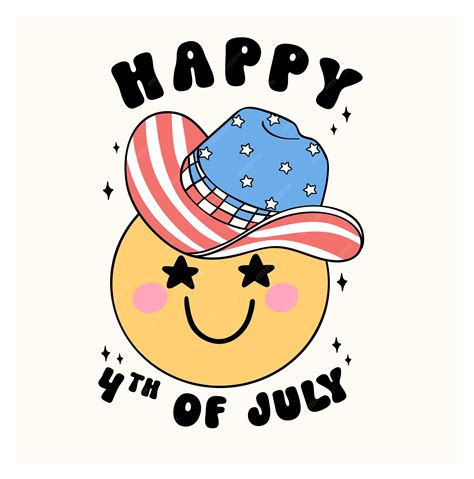 Premium Vector | Groovy 4th of July happy smile face emoji with cowboy ...