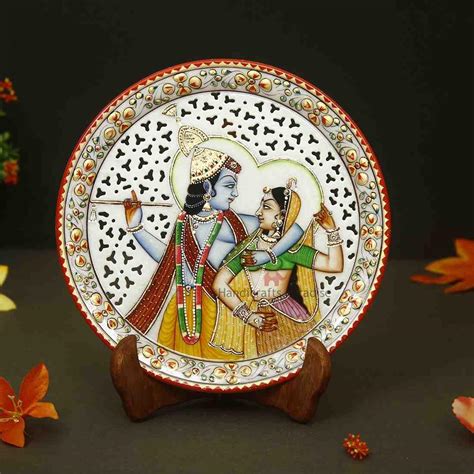 Buy HANDICRAFTS PARADISE Marble Round Plate Cut Work Radha Krishna ...