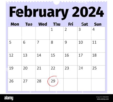 Monday Start Monthly Calendar of February 2024, Leap Day 29th February ...