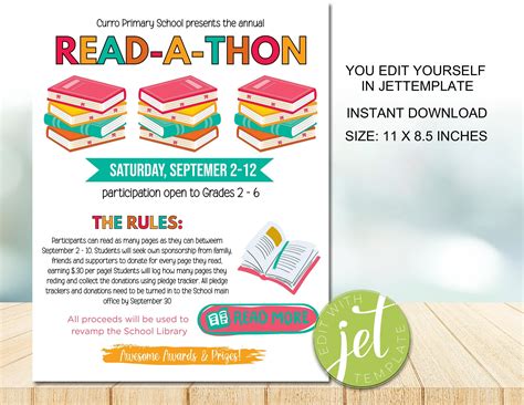 Editable Read-a-thon Flyer Template for Reading Literacy Fundraiser ...