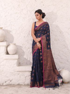 Buy CHARUKRITI Navy Blue Cotton Damask Motifs Saree with Unstitched ...