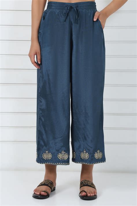 Buy Blue Embroidered Printed Thread Embroidered Shantung Mid Rise Ankle ...
