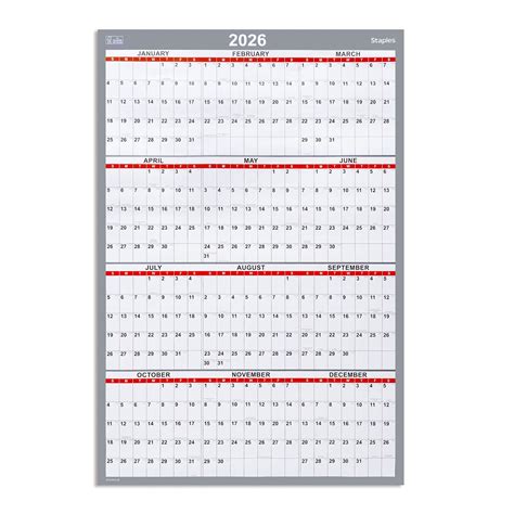 2026 Staples 36" x 24" Yearly Wall Calendar, White/Red/Gray (ST53903-26 ...