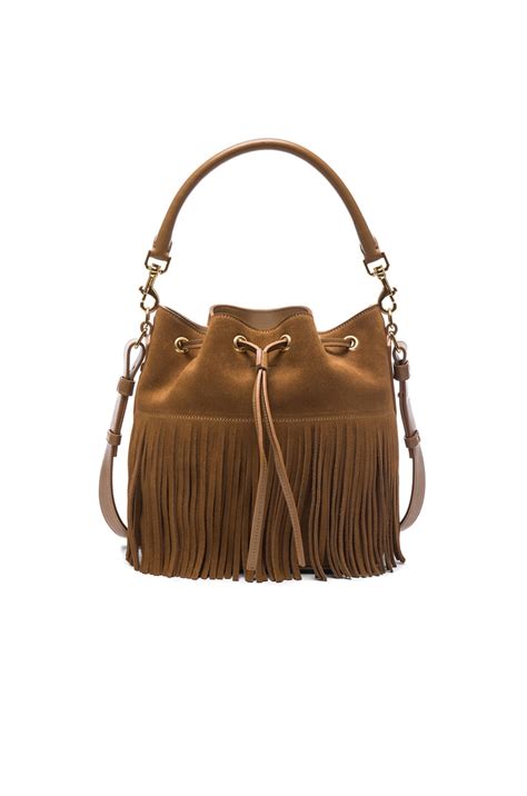 Saint Laurent Medium Suede Fringe Emmanuelle Bucket Bag in Light Ocre ...
