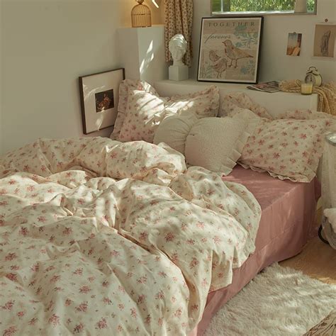 Pink Floral Ruffled Duvet Cover Set, Cotton Bedding Sets, Aesthetic ...