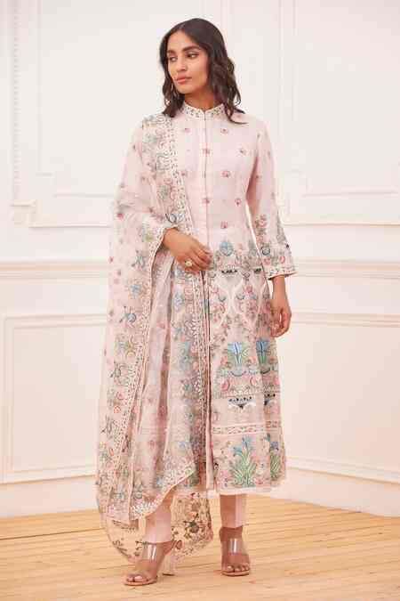 Buy Pink Silk Embroidered Floral Mandarin Collar Gul-e-bahar Anarkali ...