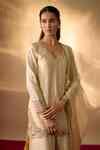 Buy Beige Chanderi, Organza Embroidery, Zari V-neck Zardozi Floral ...