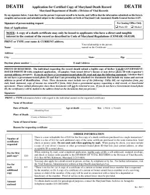 2012 Form MD Application for Certified Copy of Maryland Death Record ...