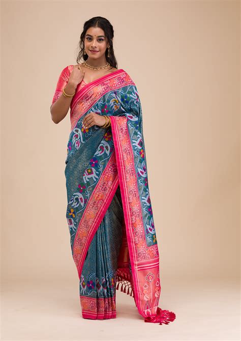 Buy Turquoise Blue Zariwork Soft Silk Saree - Koskii