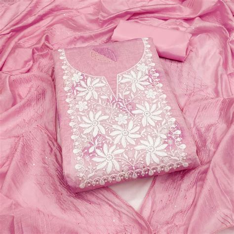 Pink Chanderi Cotton Dress Material Adorned With Floral Thread Embroid