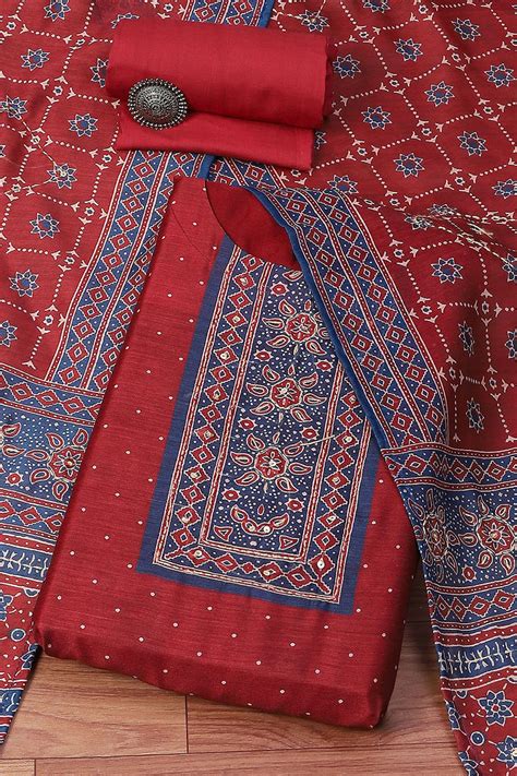 Buy Red Chanderi Unstitched Suit Set Online at Biba India