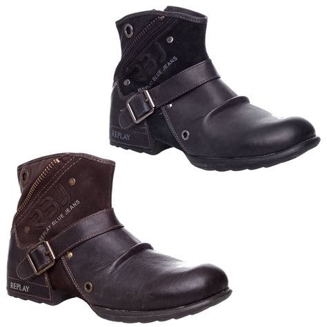 MENS REPLAY LEATHER ZIP UP BIKER COWBOY BUCKLE MILITARY ANKLE BOOTS ...