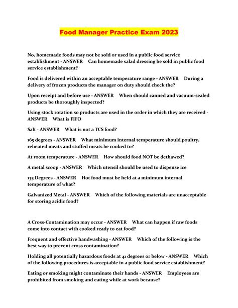 SOLUTION: Food manager practice exam 2023 - Studypool