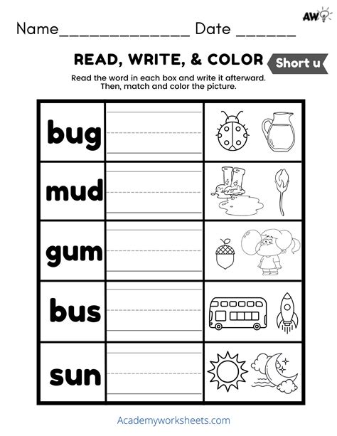 Short u Phonics Worksheets CVC Words - Academy Worksheets