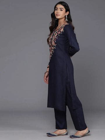 Buy Navy Blue Yoke Design Wool Blend Straight Kurta Set Online at Rs ...