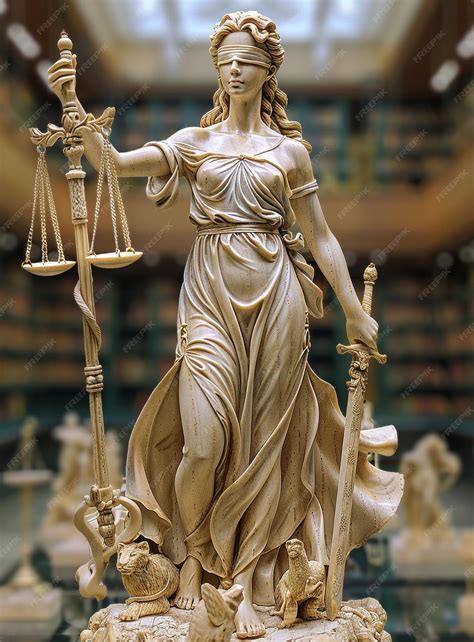Lady Justice Statue With Scales and Sword A white marble statue of Lady Justice blindfolded and ...
