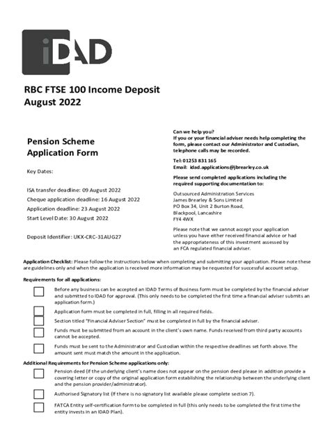 Fillable Online Rbc Ftse 100 Income Deposit - August 2022 - Pension ...