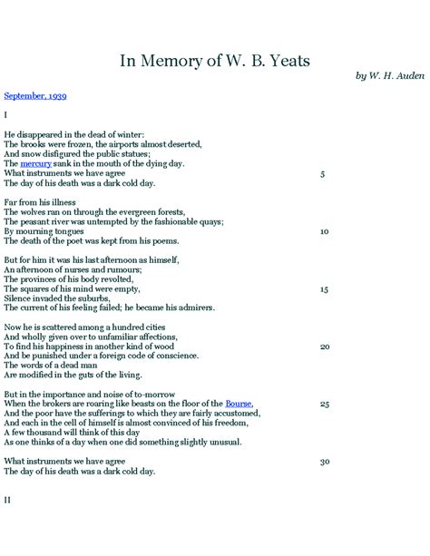 In the Memory of W.B Yeats - In Memory of W. B. Yeats by W. H. Auden ...