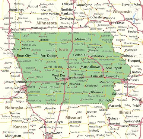 Map of Iowa. Shows state borders, urban areas, place names, roads and highways. Projection ...