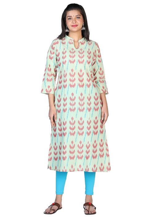 Pista green cotton ikat kurti – Kalanjali