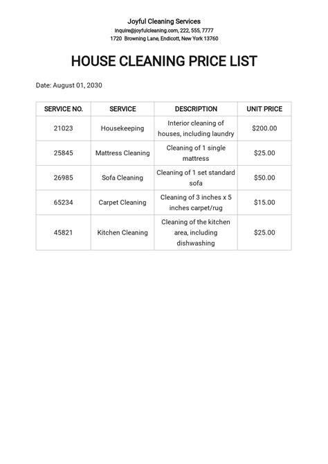 Free Price List Template For Cleaning Services