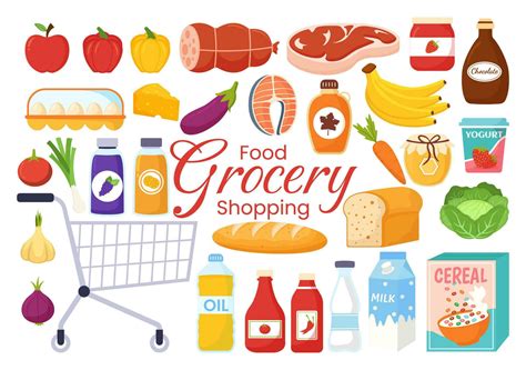 Food Grocery Store Shopping Vector Illustration with Foods Items and ...