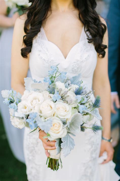 Pale Blue Delphinium, Thistle and Dusty Miller Bouquet | Bridal bouquet ...